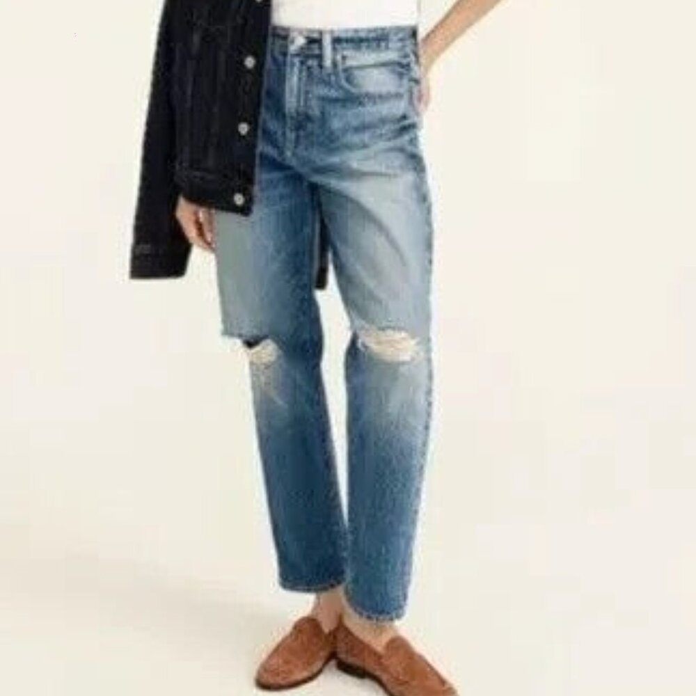 J. Crew Jeans 31 Slouchy Boyfriend Ripped Knees Blue Cotton Women's